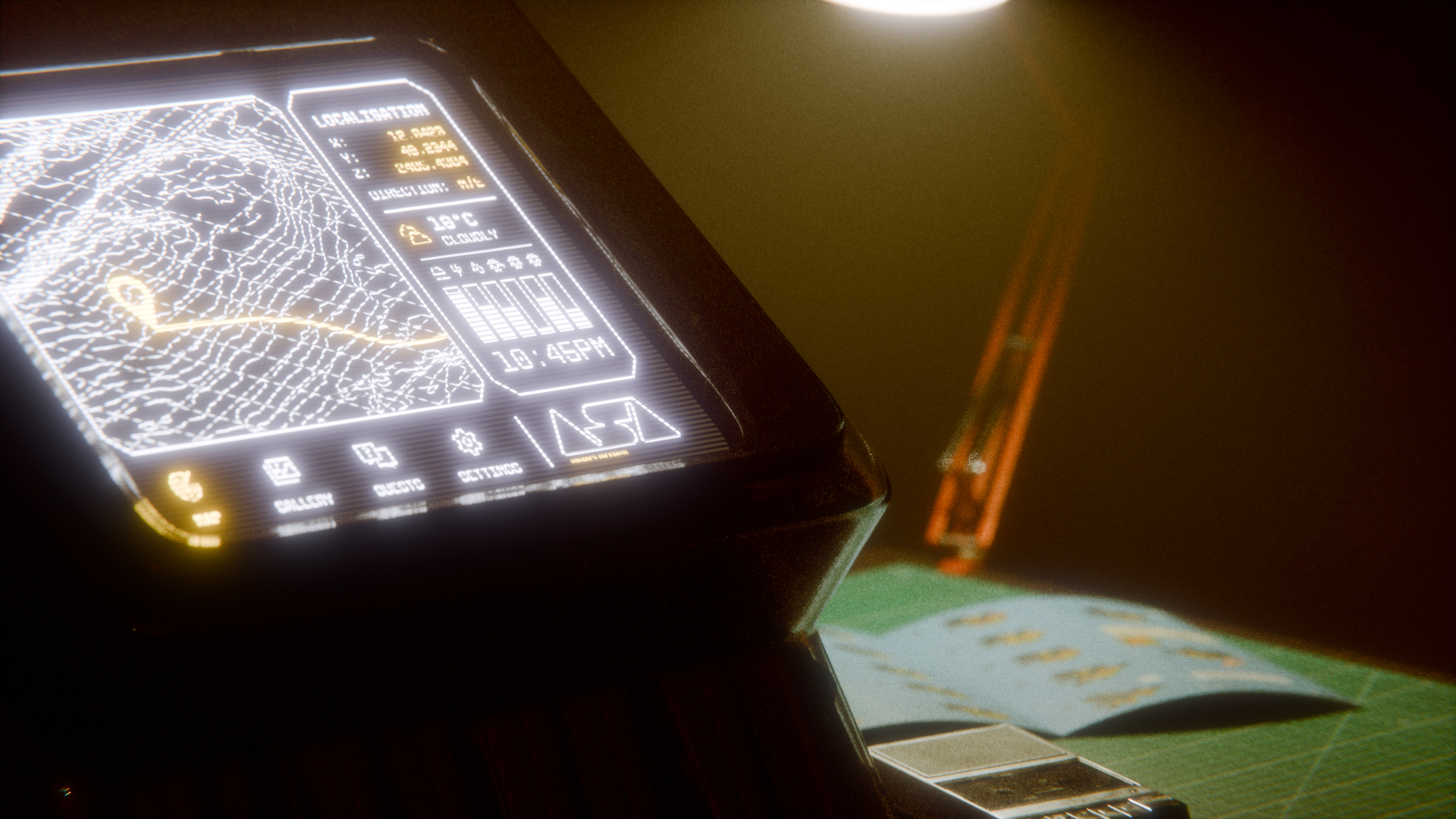 Foggy view of a retro futuristic office